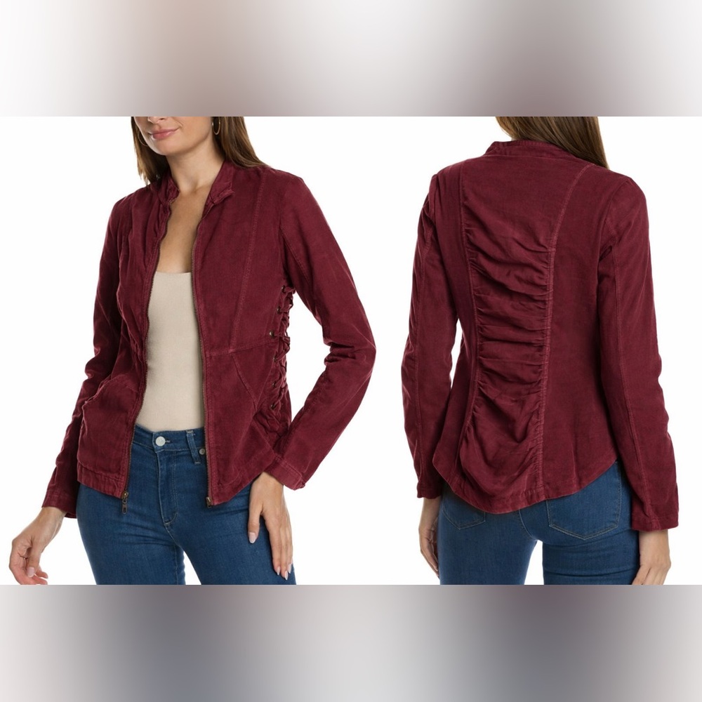 XCVI Larisa Corduroy Jacket Medium Burgundy Ruched Zip Moto Utility